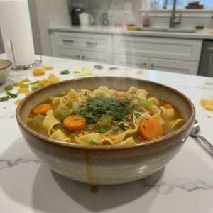 A steaming bowl of vibrant vegetable noodle soup with carrots, spinach, and long noodles, garnished with fresh herbs.