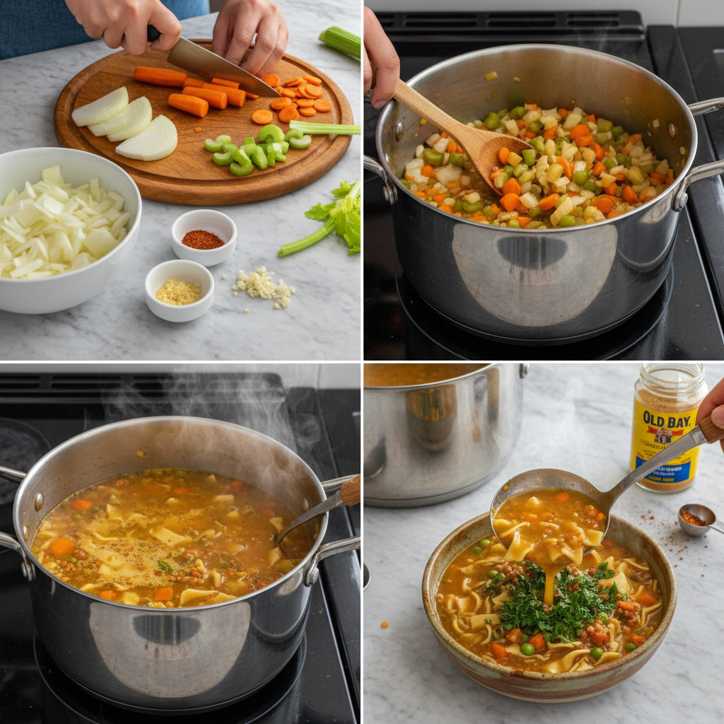 Chopped vegetables simmering in a pot, a key step in preparing the flavorful vegetable noodle soup.