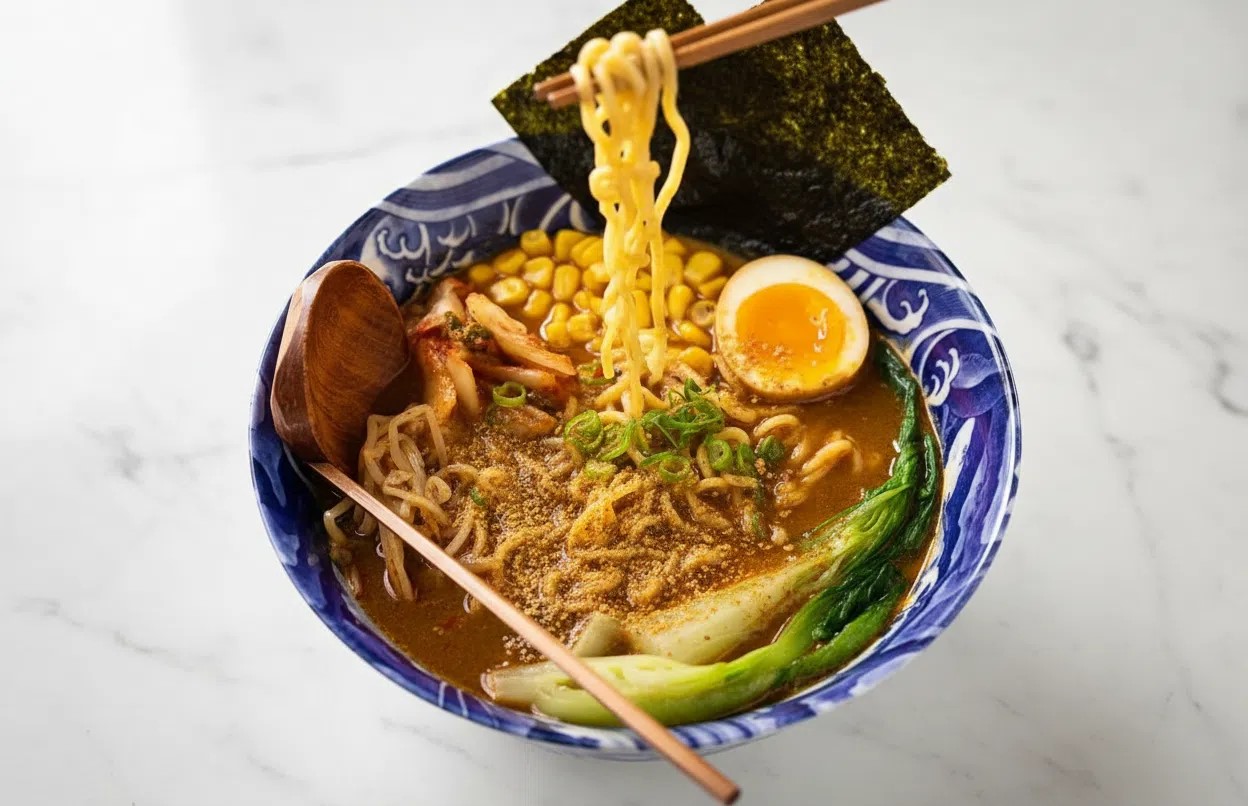 Creamy Vegetarian Ramen in a minimalist ceramic bowl with an umami-rich broth on a white marble surface with soft shadows.