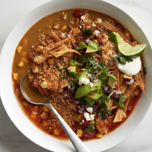 Vegetarian Tortilla Soup in a minimalist ceramic bowl on white marble, showcasing the thick toasted tortilla slurry texture.
