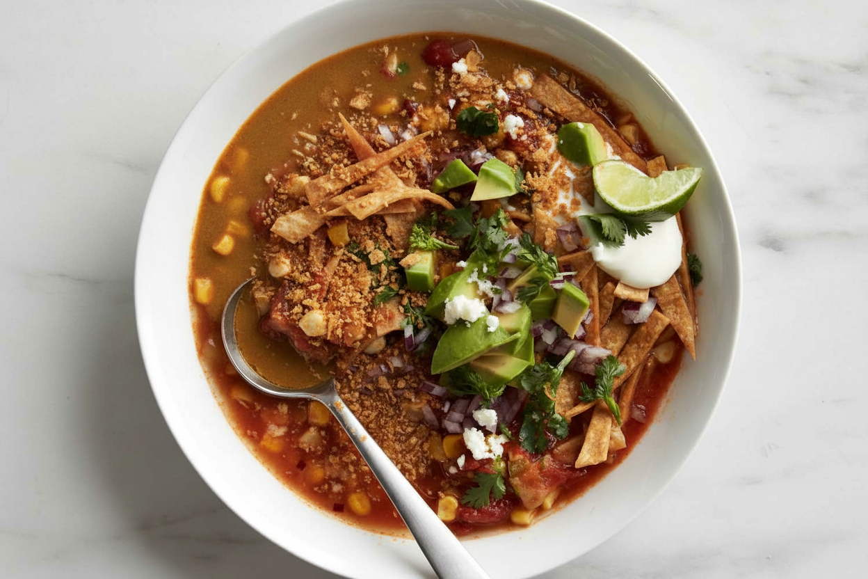 Vegetarian Tortilla Soup in a minimalist ceramic bowl on white marble, showcasing the thick toasted tortilla slurry texture.