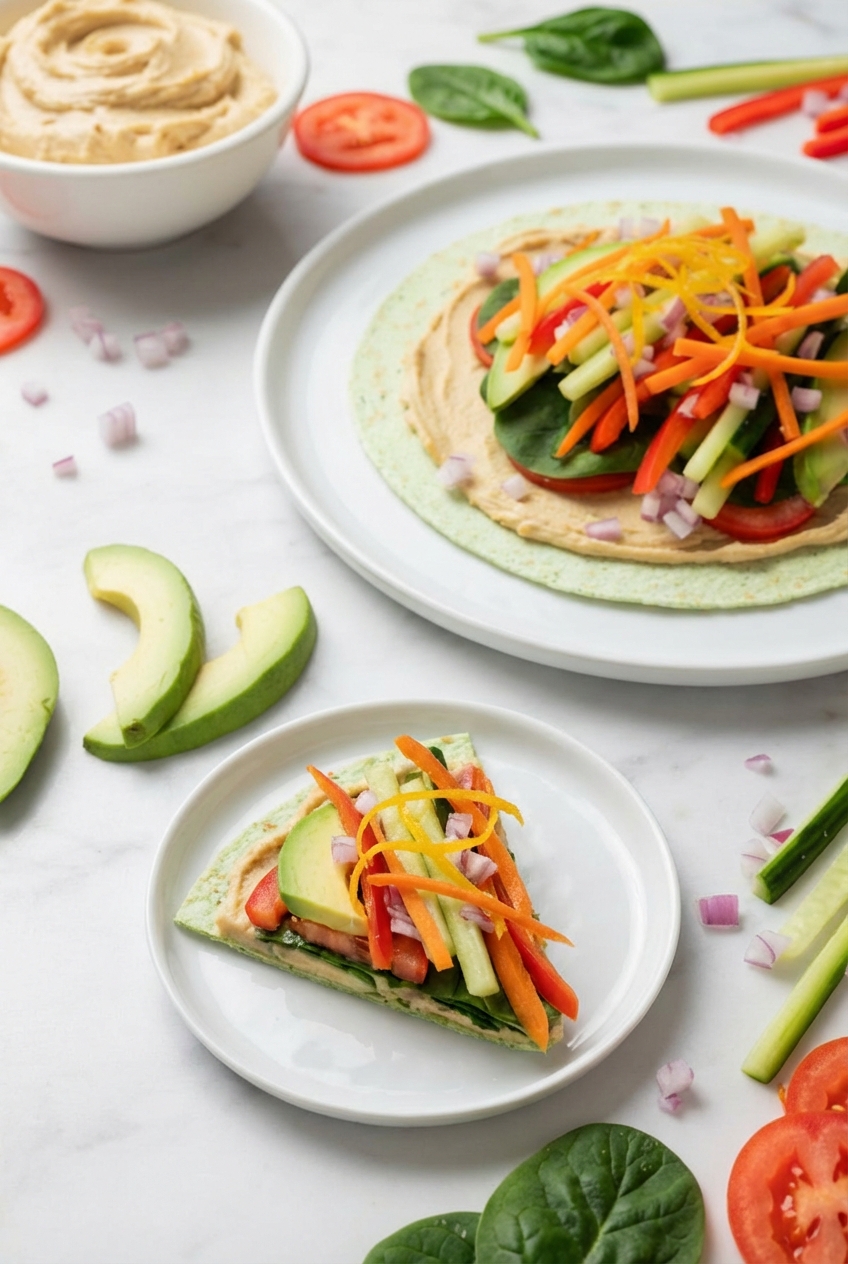 Close-up of a Veggie Wrap burrito fold on a white marble surface, showing the vibrant julienne vegetable filling.