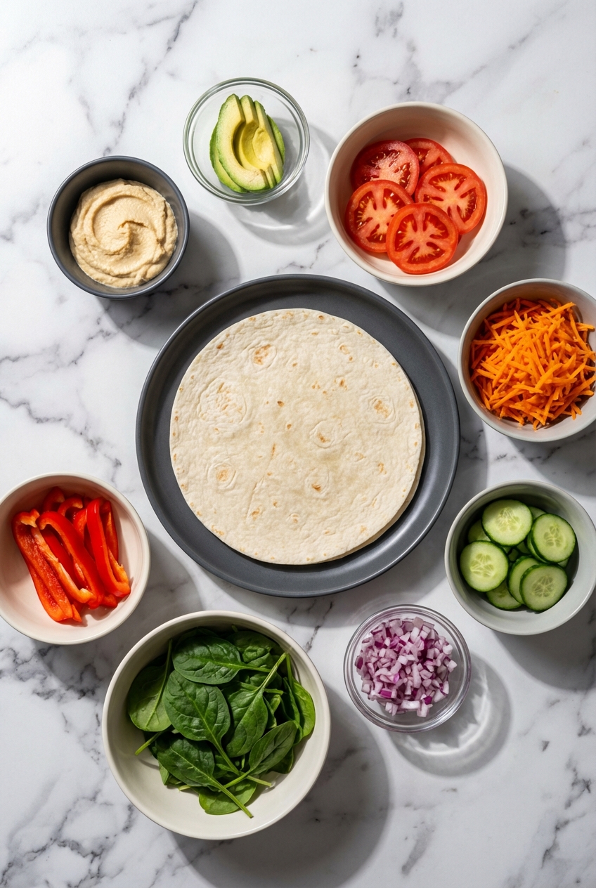 Flat lay of whole wheat tortillas, hummus, and sprouts on a contemporary countertop with minimalist ceramic bowls.