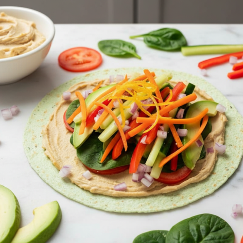 Veggie Wrap on a white marble surface featuring quick-pickled julienne vegetables and avocado in natural window lighting.