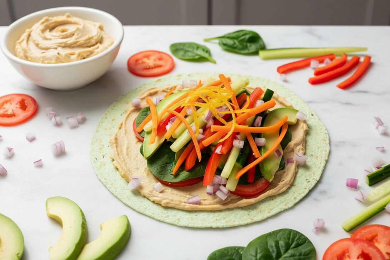 Veggie Wrap on a white marble surface featuring quick-pickled julienne vegetables and avocado in natural window lighting.