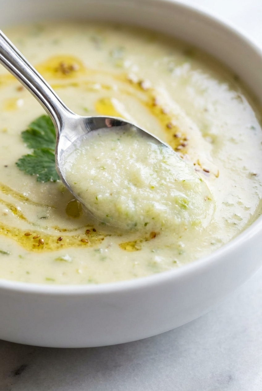 Extreme close-up of Celery Soup texture, showing perfect Emulsification and a silky sheen under soft window lighting.