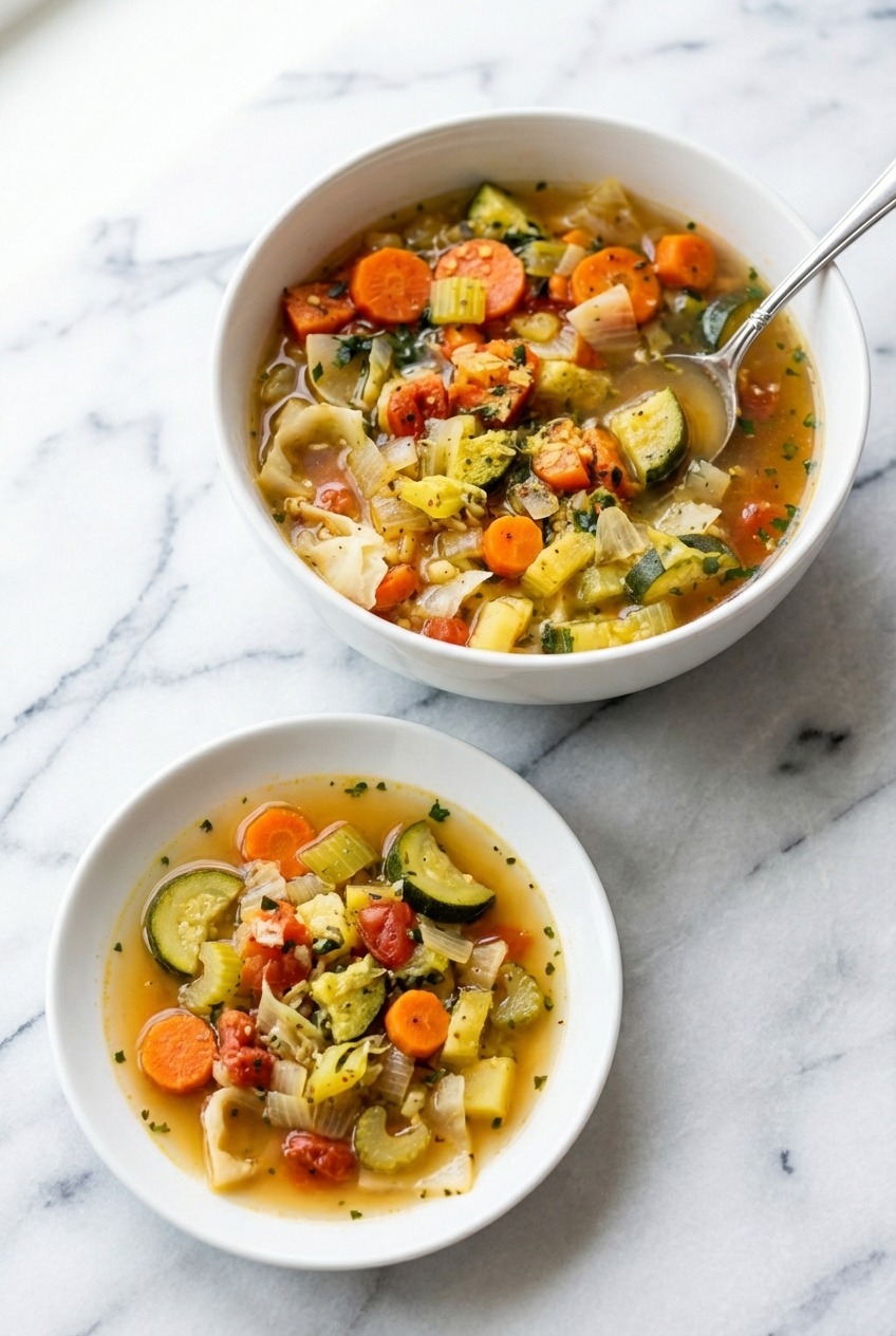Close-up view of the vibrant textures and dietary fiber-rich vegetables in a bowl of Weight Loss Cabbage Soup.