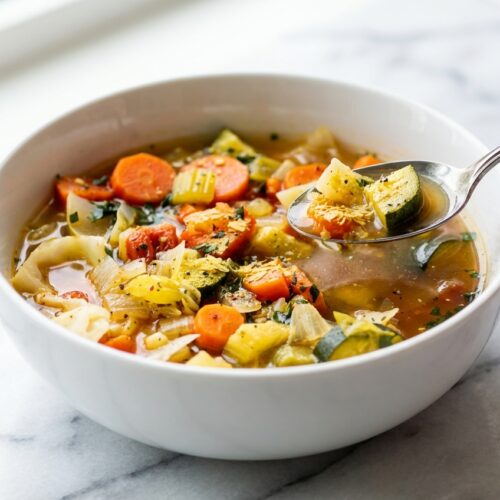Weight Loss Cabbage Soup in a minimalist white ceramic bowl on a marble surface with a dusting of nutritional yeast.