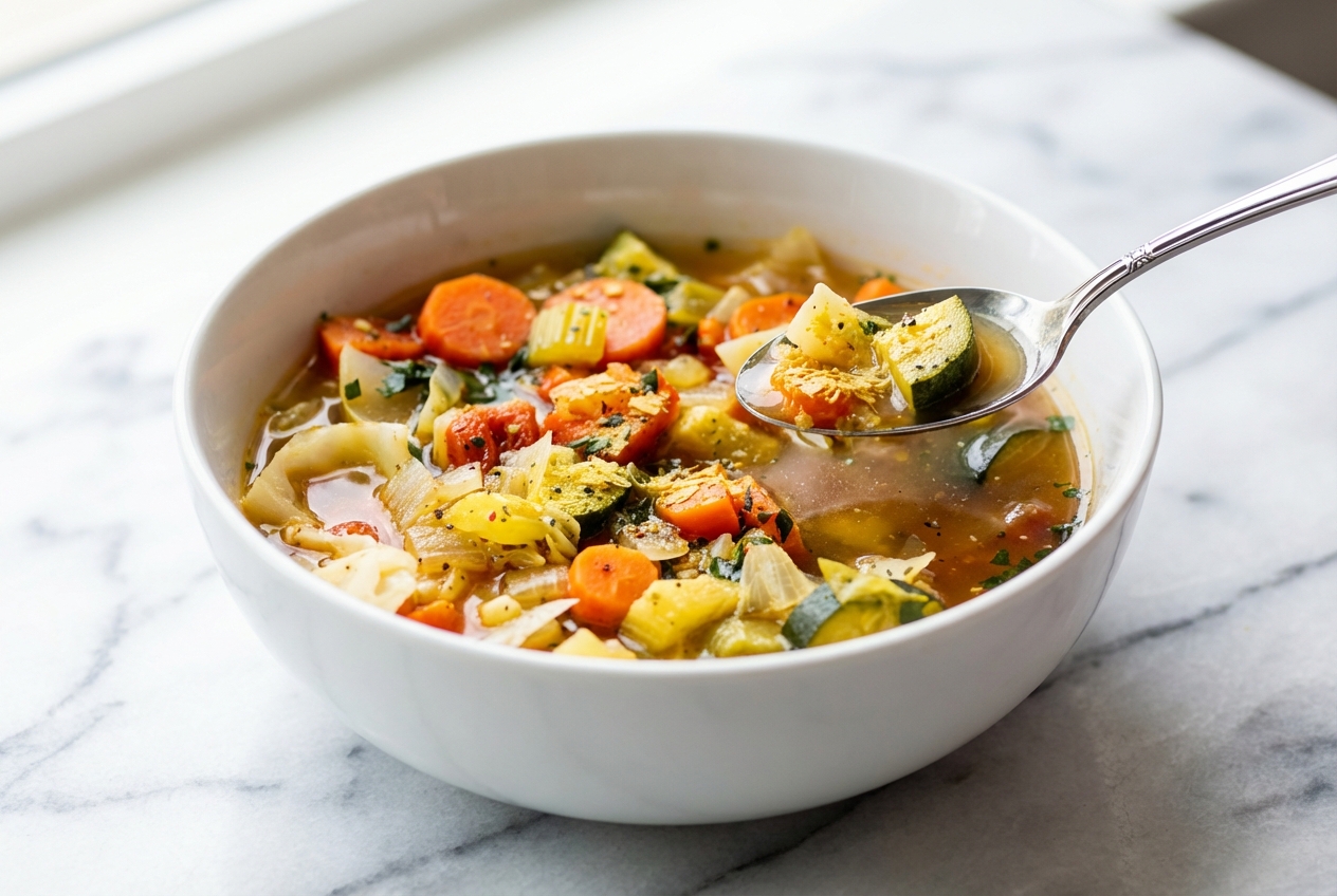 Weight Loss Cabbage Soup in a minimalist white ceramic bowl on a marble surface with a dusting of nutritional yeast.
