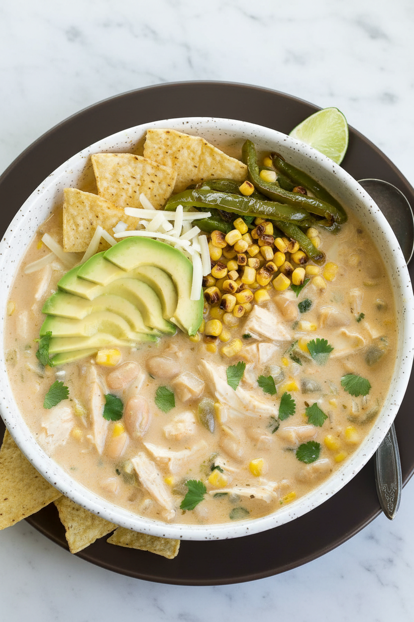 White chicken chili recipe in a minimalist ceramic vessel on a white marble surface with blistered poblano and charred corn.