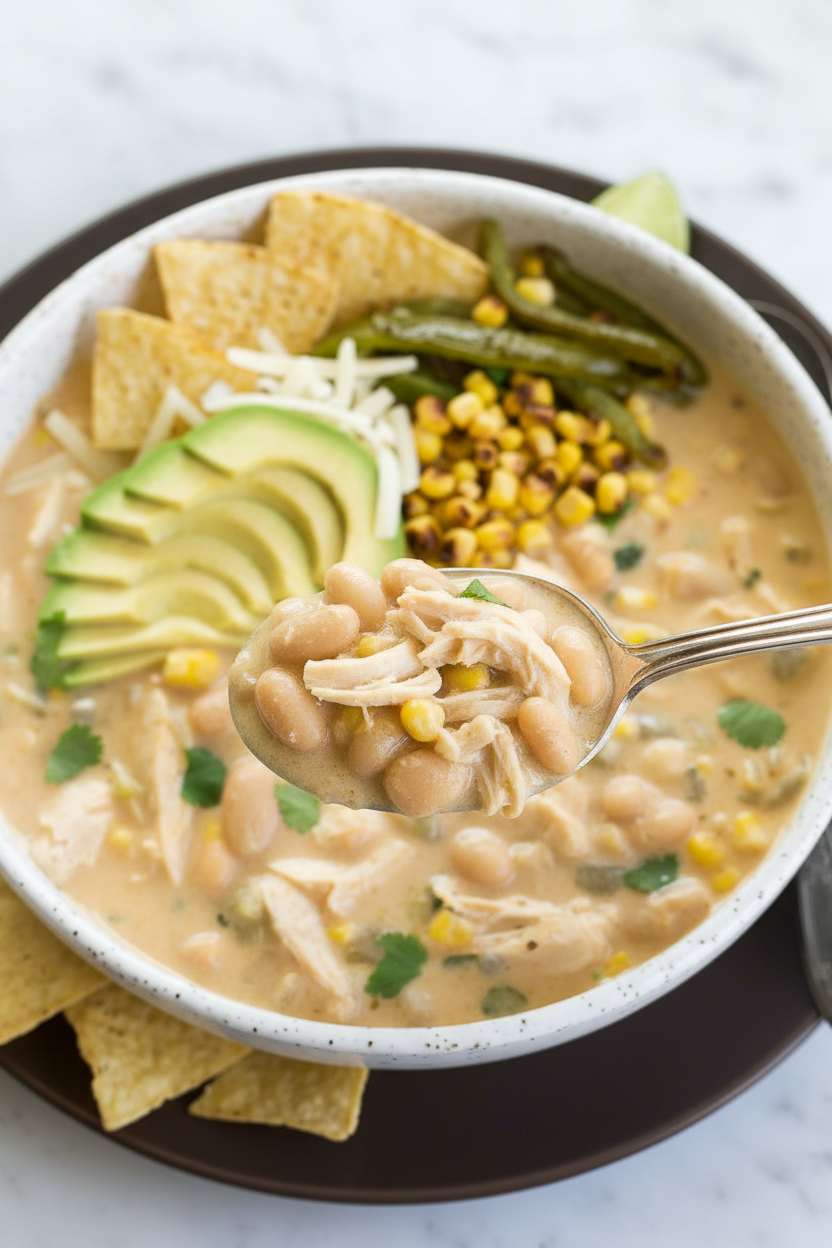 Close-up of creamy white chicken chili recipe in a ceramic bowl showing the velvety emulsification under natural lighting.
