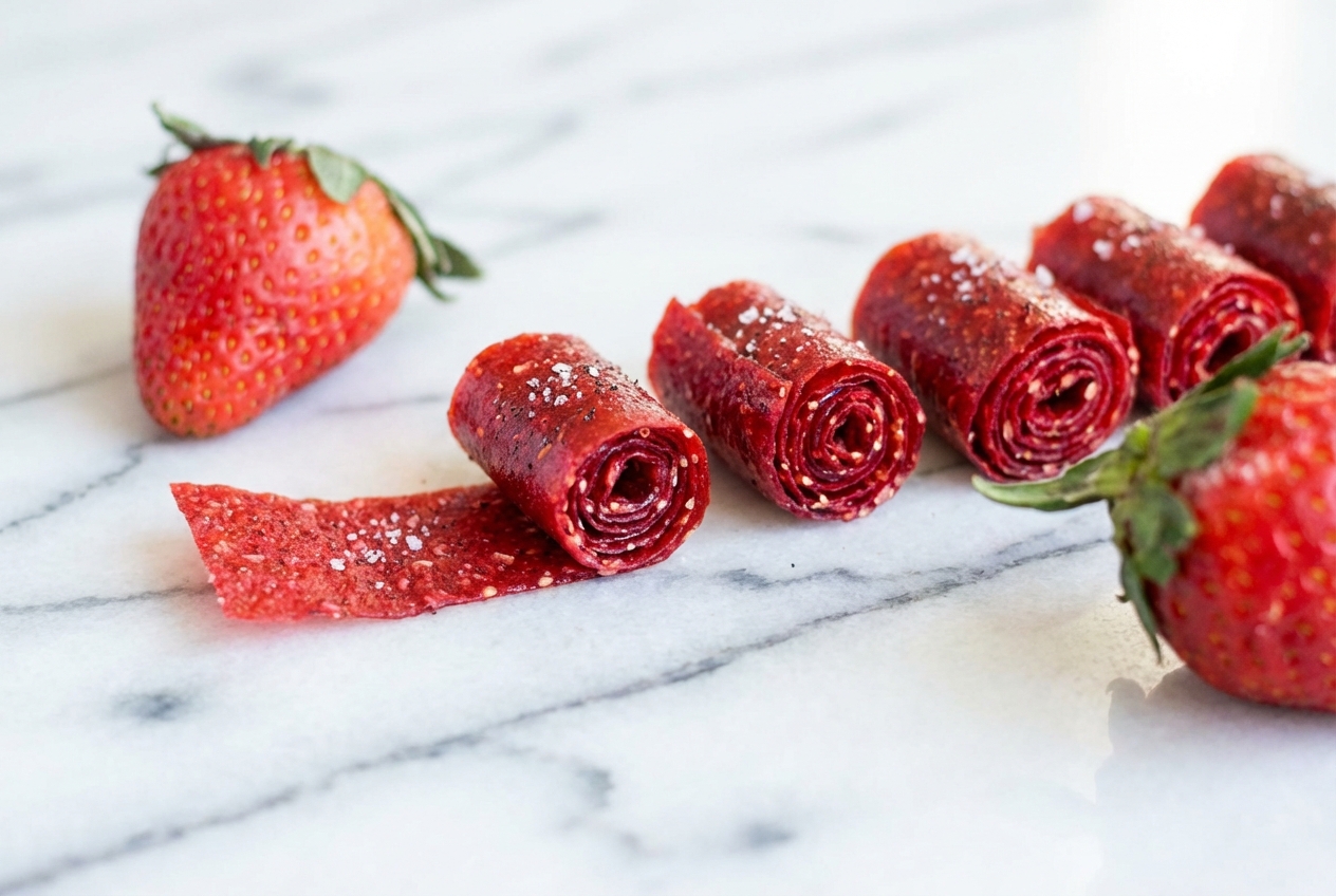 3-Ingredient Strawberry Fruit Roll-Ups with a vanilla twist on a white marble surface in natural window lighting.