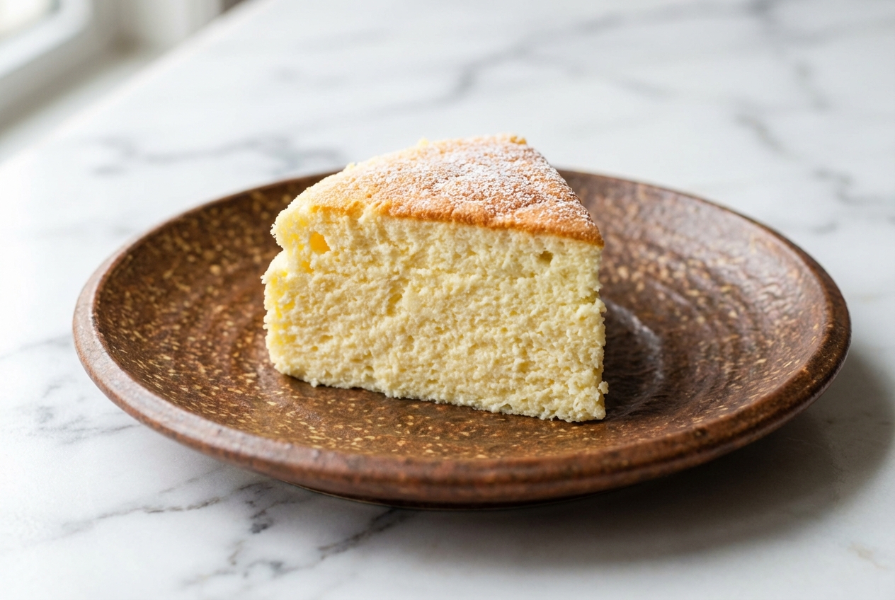 Golden 3 Ingredient Yogurt Soufflé Cake with stiff peaks on white marble, featuring a light and airy texture.