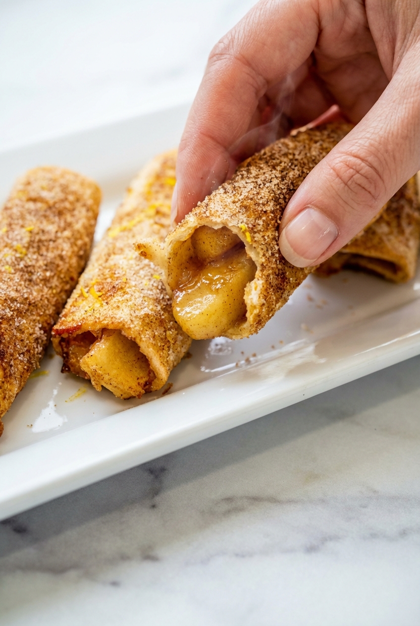 Macro shot of the crispy cinnamon sugar crust on Air Fryer Apple Pie Taquitos showing a flaky, golden texture.