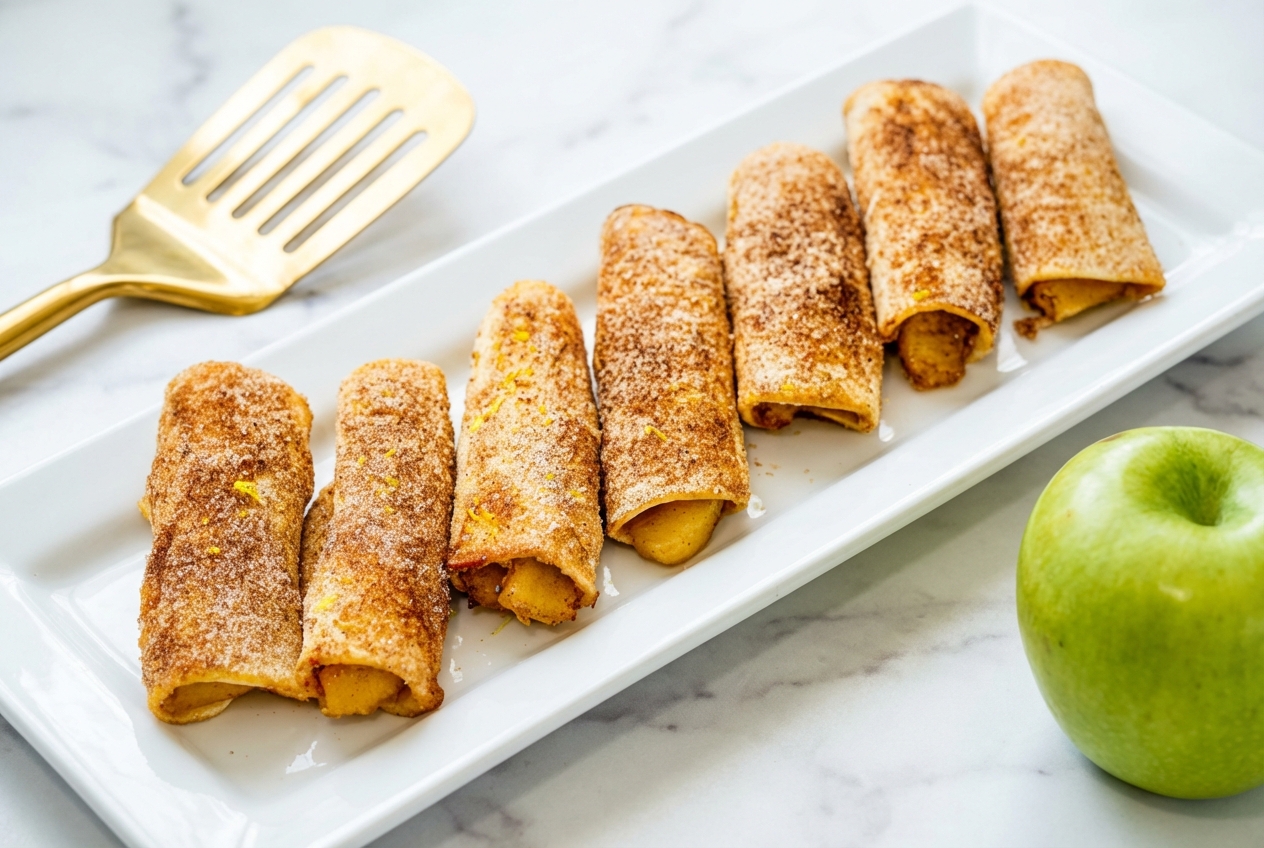 Golden Air Fryer Apple Pie Taquitos on white marble, seasoned with lemon zest and sea salt for a zesty twist.