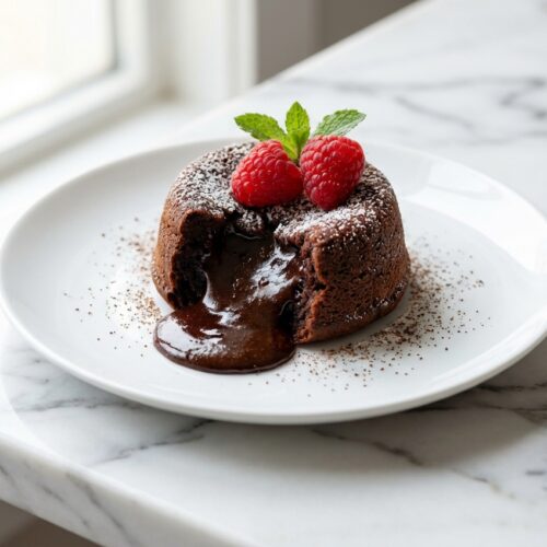 Air Fryer Lava Cake Recipe featuring a molten truffle center and espresso hint in a ramekin on white marble.