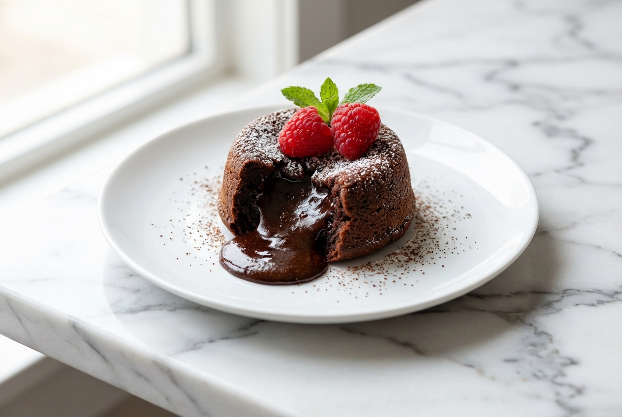 Air Fryer Lava Cake Recipe featuring a molten truffle center and espresso hint in a ramekin on white marble.