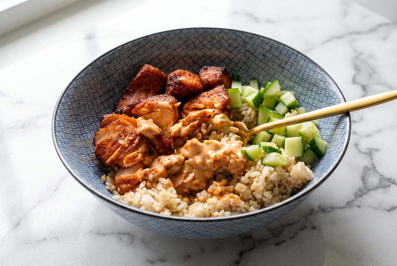 Air Fryer Salmon Bites with a savory umami-crust on a minimalist ceramic plate over a white marble surface.