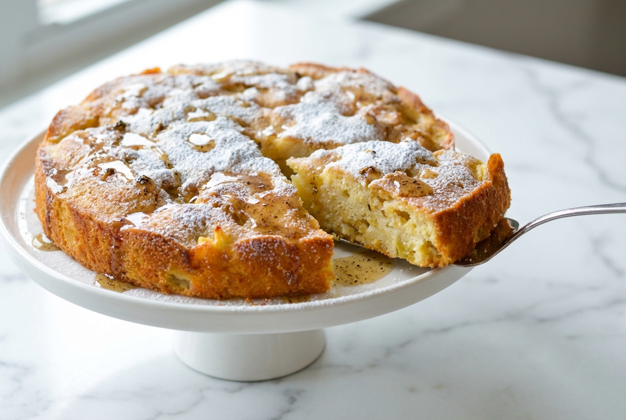 Golden Apple Cake Recipe with brown butter and toasted cardamom infusion on a white marble surface with soft natural lighting.