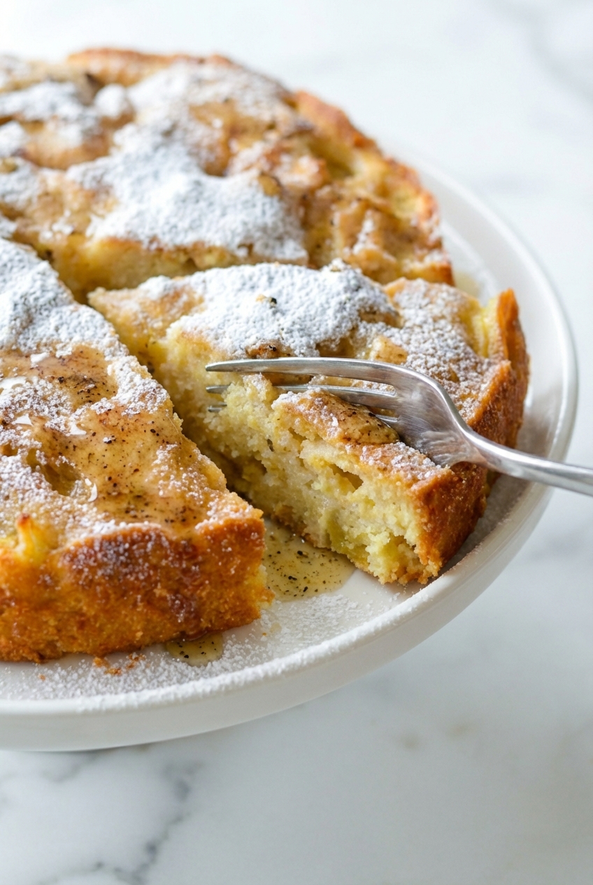 Close-up of the Apple Cake Recipe crumb showing the tender texture and caramelized Maillard reaction on the golden crust.