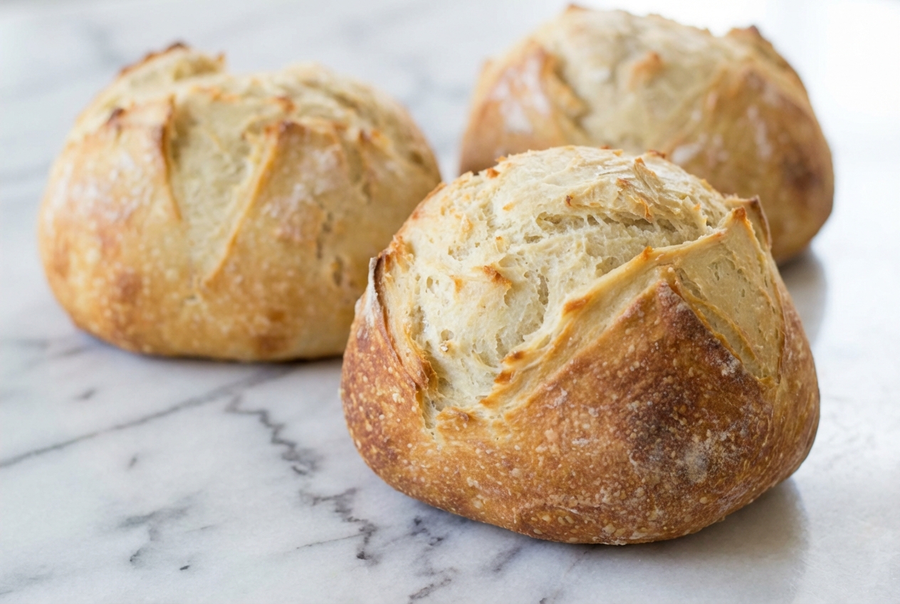 Artisan Bread Recipe (4 Ingredients) with a blistered, golden crust from a cold-fermentation finish on a white marble surface.