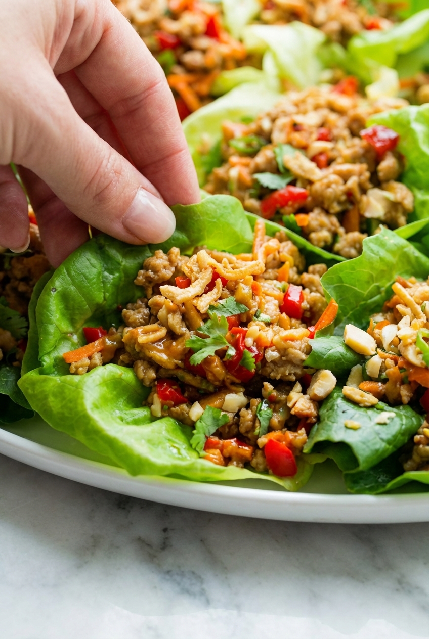 Close-up of Thai Lettuce Wraps being assembled in a minimalist ceramic bowl under natural window lighting.