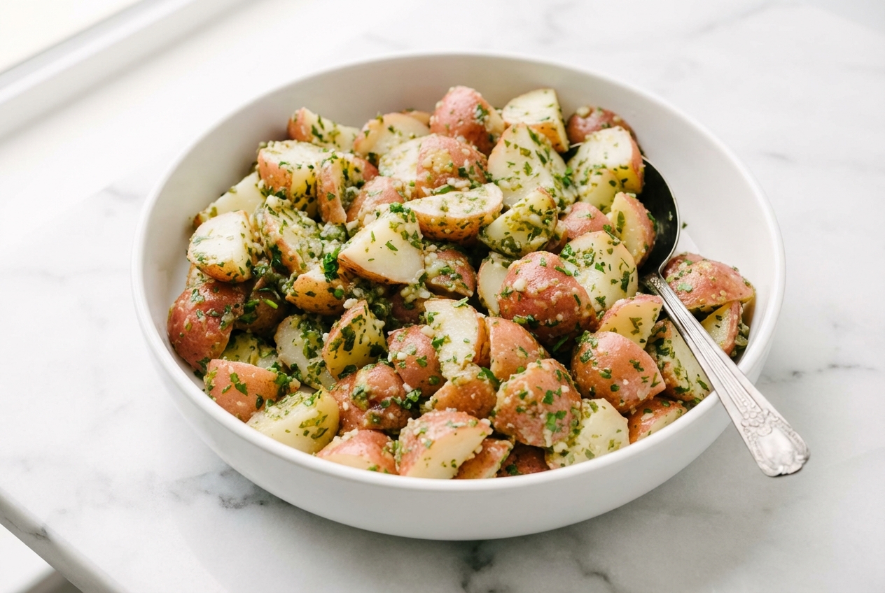 Authentic Italian Potato Salad with a silky starch-emulsion vinaigrette in a minimalist ceramic vessel on white marble.
