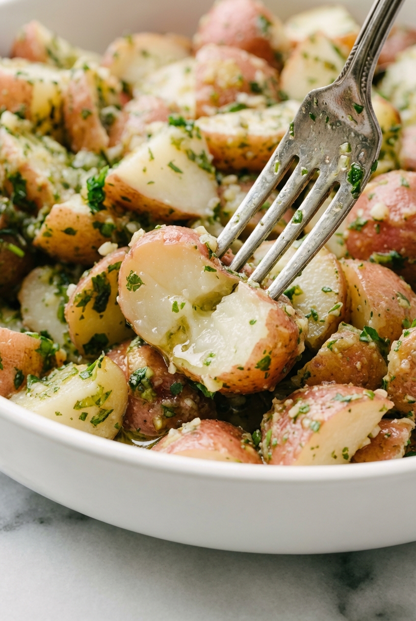 Herbaceous Authentic Italian Potato Salad showing the glossy emulsion coating the potatoes on a white marble surface.