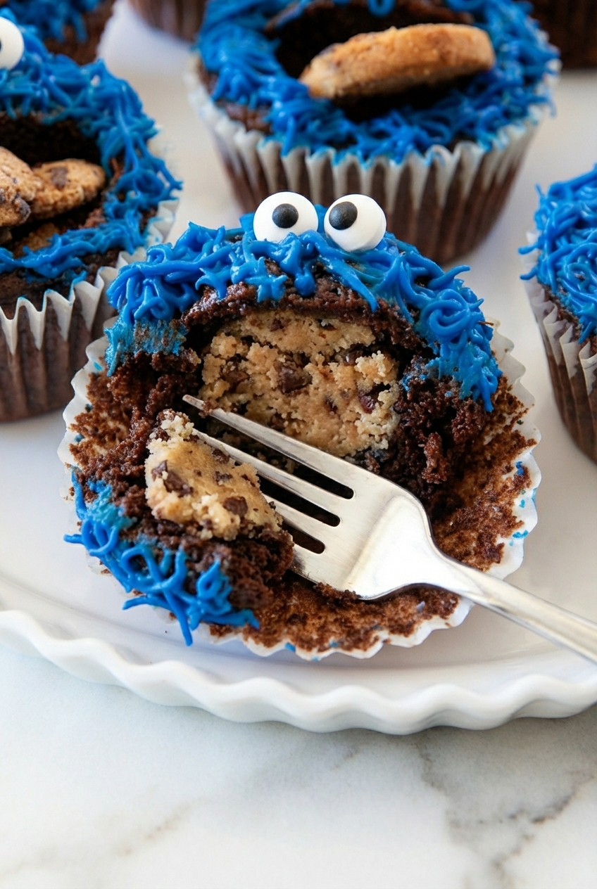 Hand using a piping bag and grass piping tip to frost Cookie Monster Cupcakes on a minimalist ceramic plate.