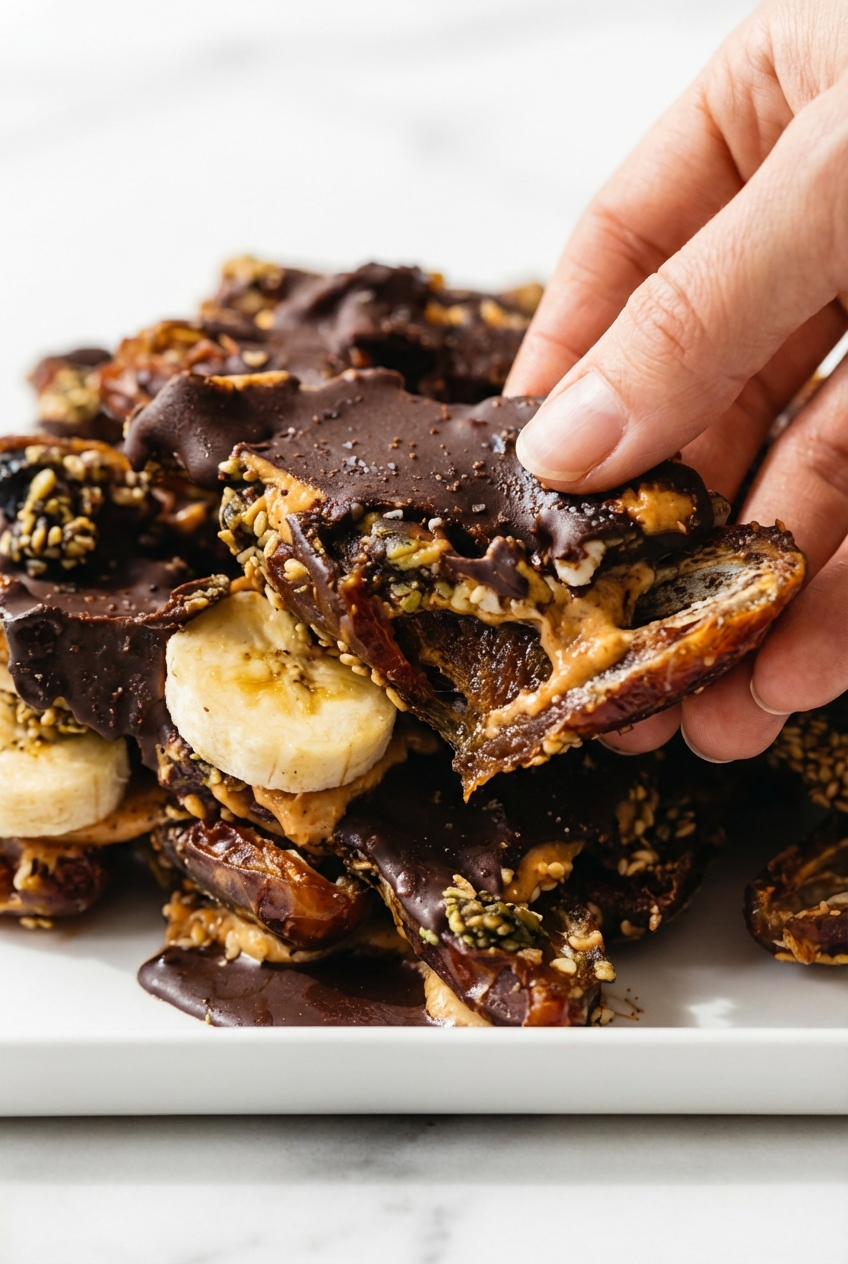 Close-up texture of Banana Date Bark showing the ripples of dark chocolate and the fine grit of toasted sesame seeds.