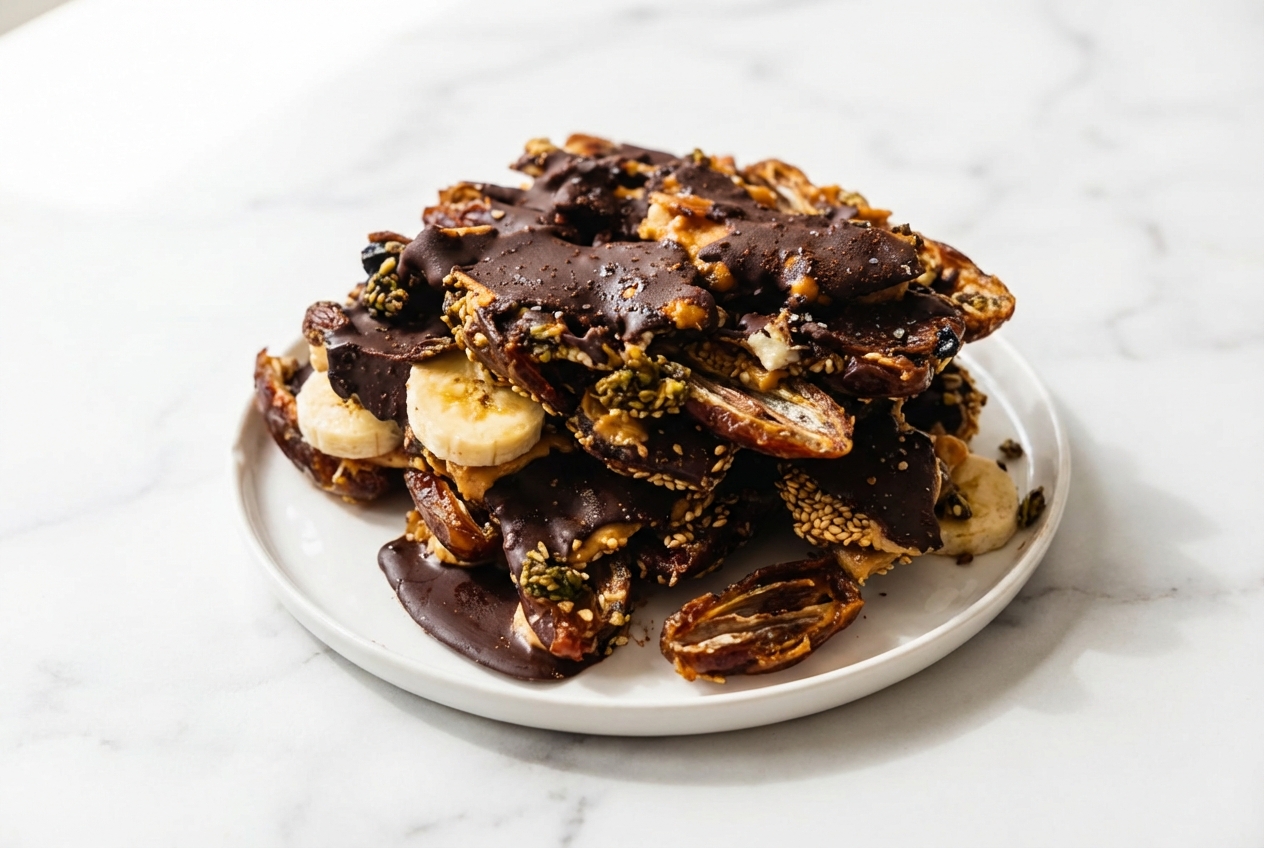 Top-down view of Banana Date Bark on white marble with espresso-infused chocolate and toasted sesame seeds.