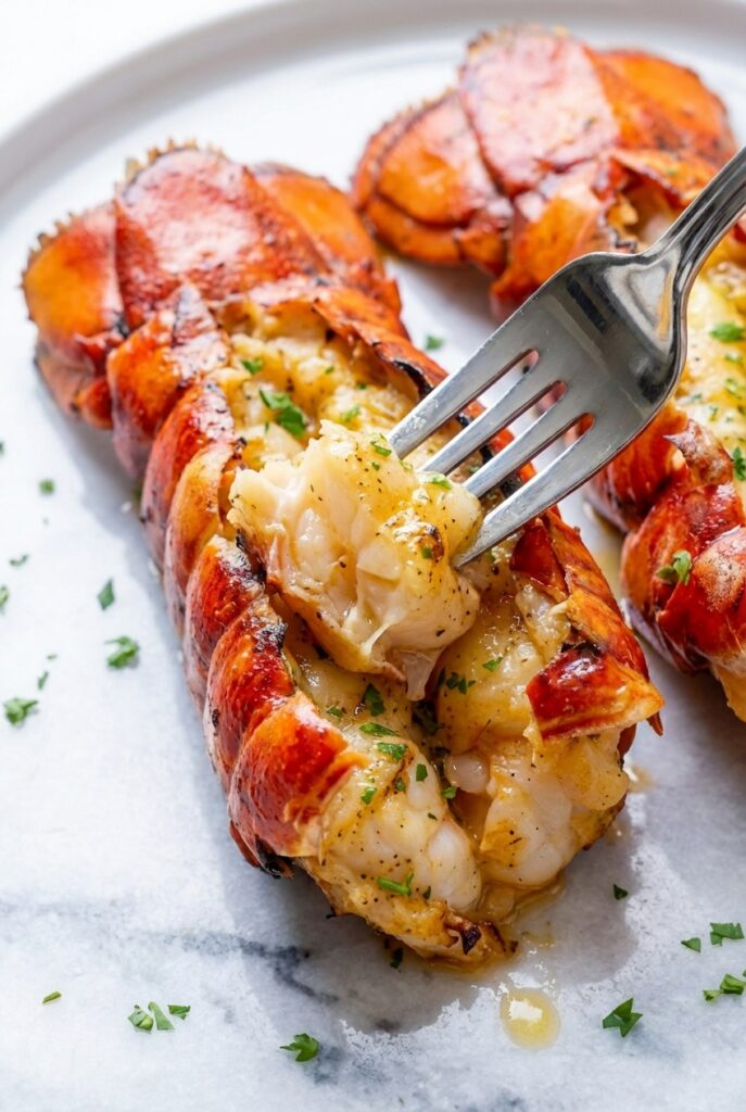 Close-up of a basting brush coating lobster tails in vanilla brown butter on a contemporary white countertop.