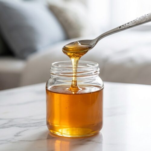 Golden raw honey on a minimalist ceramic spoon with a pinch of sea salt, flat lay on a white marble surface.