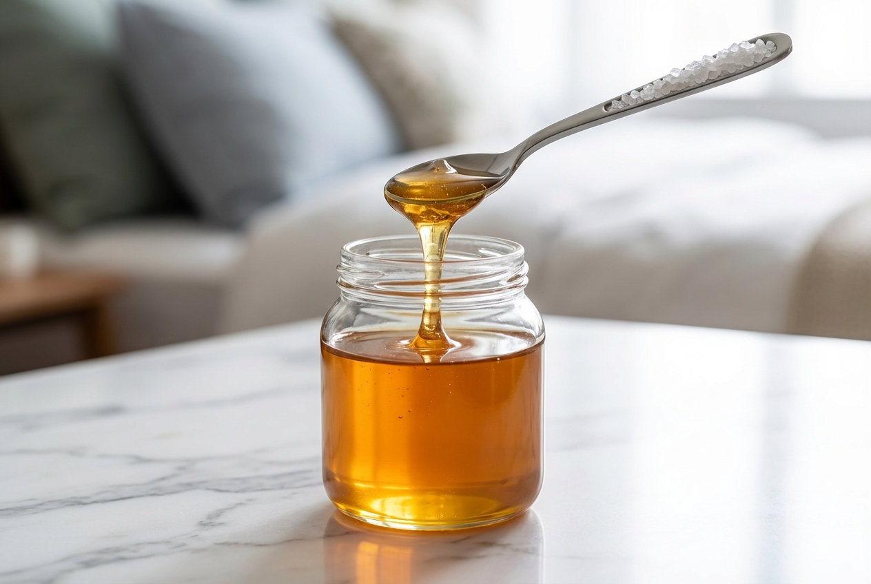 Golden raw honey on a minimalist ceramic spoon with a pinch of sea salt, flat lay on a white marble surface.
