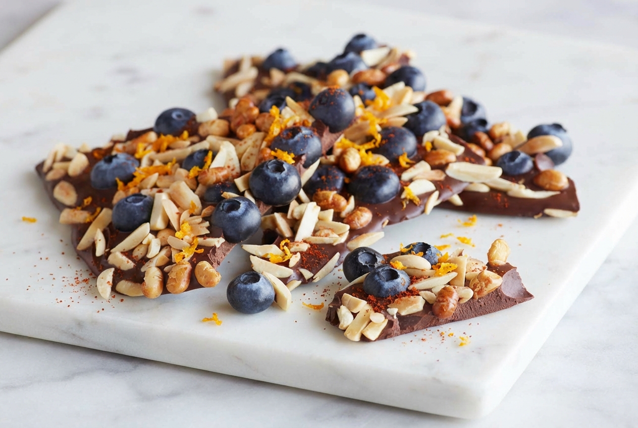 High-angle shot of blueberry chocolate bark on white marble, featuring bright orange zest and a hint of smoked paprika.