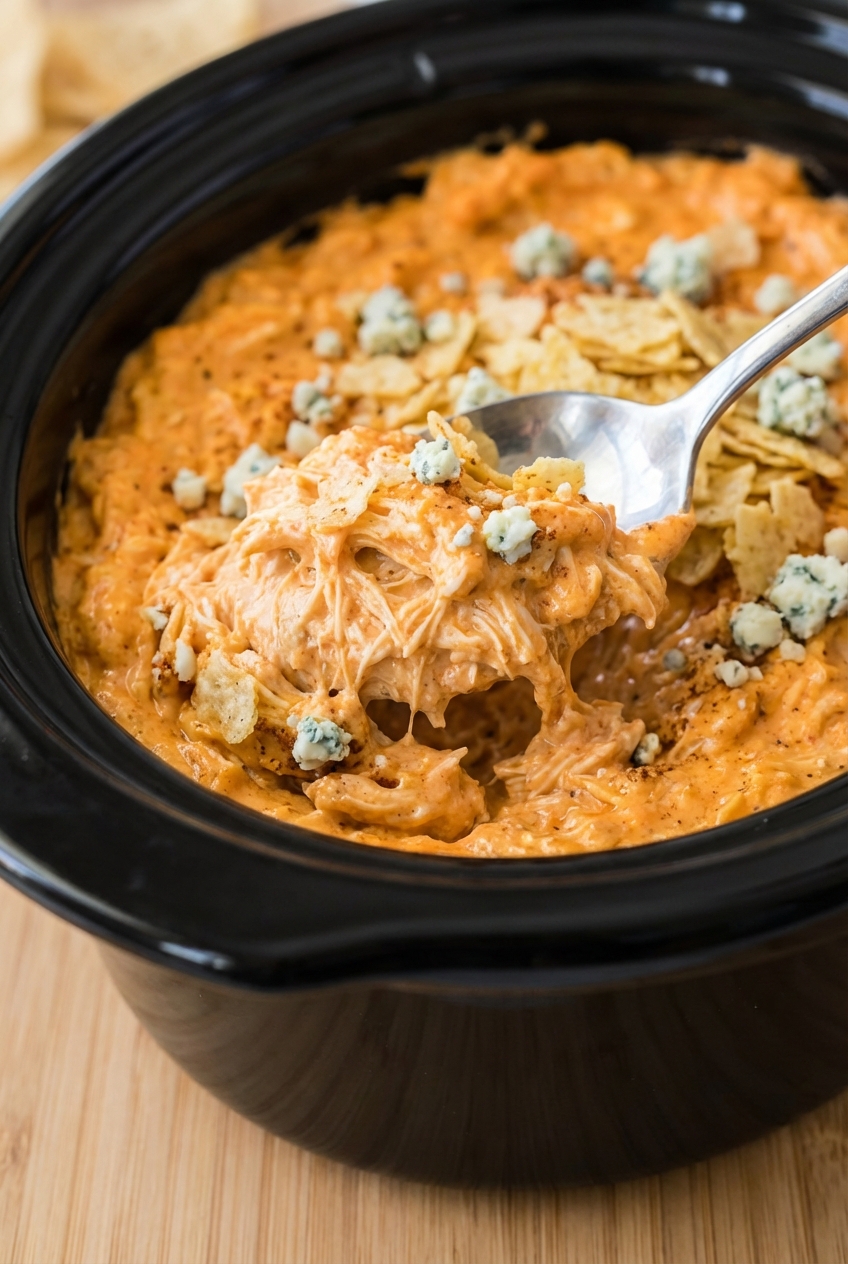 Macro shot of buffalo chicken dip crock pot showing the creamy emulsification and melted cheddar cheese texture.