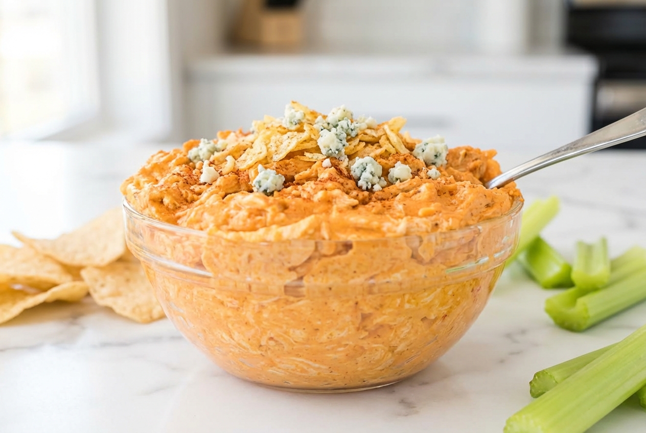 Buffalo chicken dip crock pot with smoky kettle chip crust and blue cheese crumbles on white marble, soft shadows.