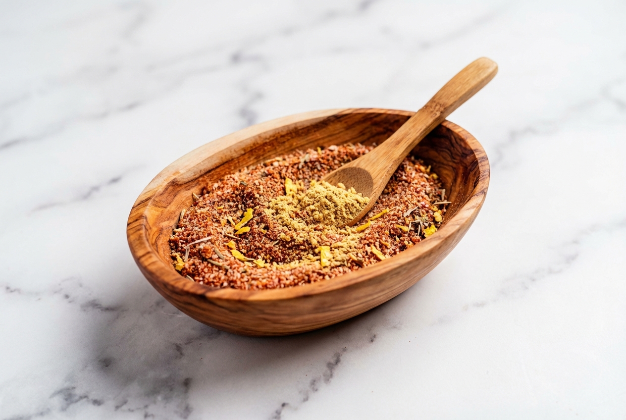 Cajun Seasoning Recipe in a ceramic bowl on white marble, featuring vibrant smoked paprika and dried lemon peel accents.