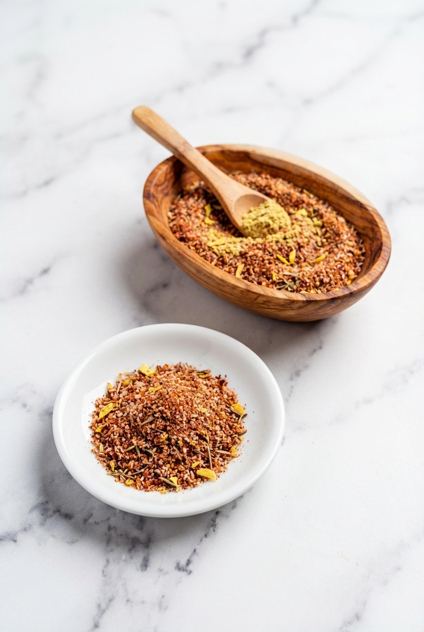 Finished Cajun Seasoning Recipe stored in a glass jar on a contemporary countertop with soft shadows.