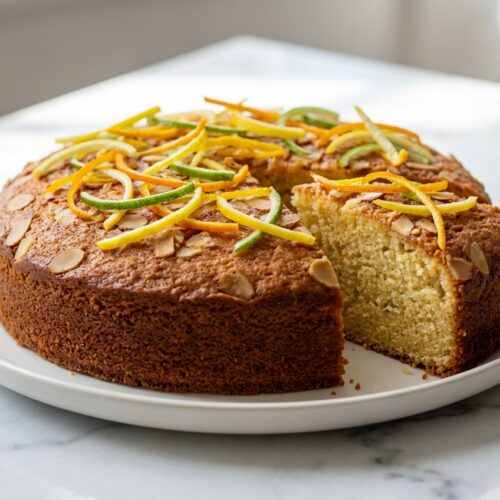 Candied Orange Almond Cake with translucent citrus slices from the triple-citrus blanching technique on white marble.
