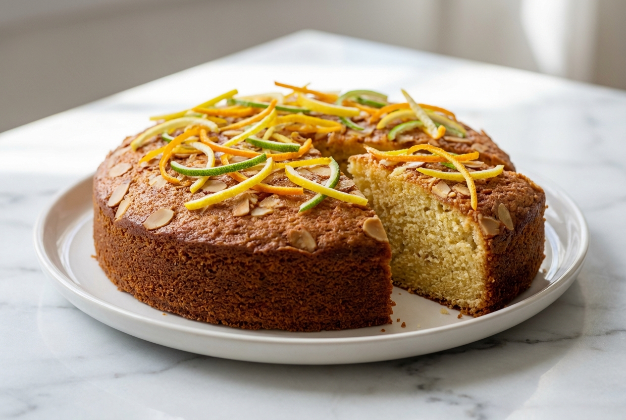 Candied Orange Almond Cake with translucent citrus slices from the triple-citrus blanching technique on white marble.