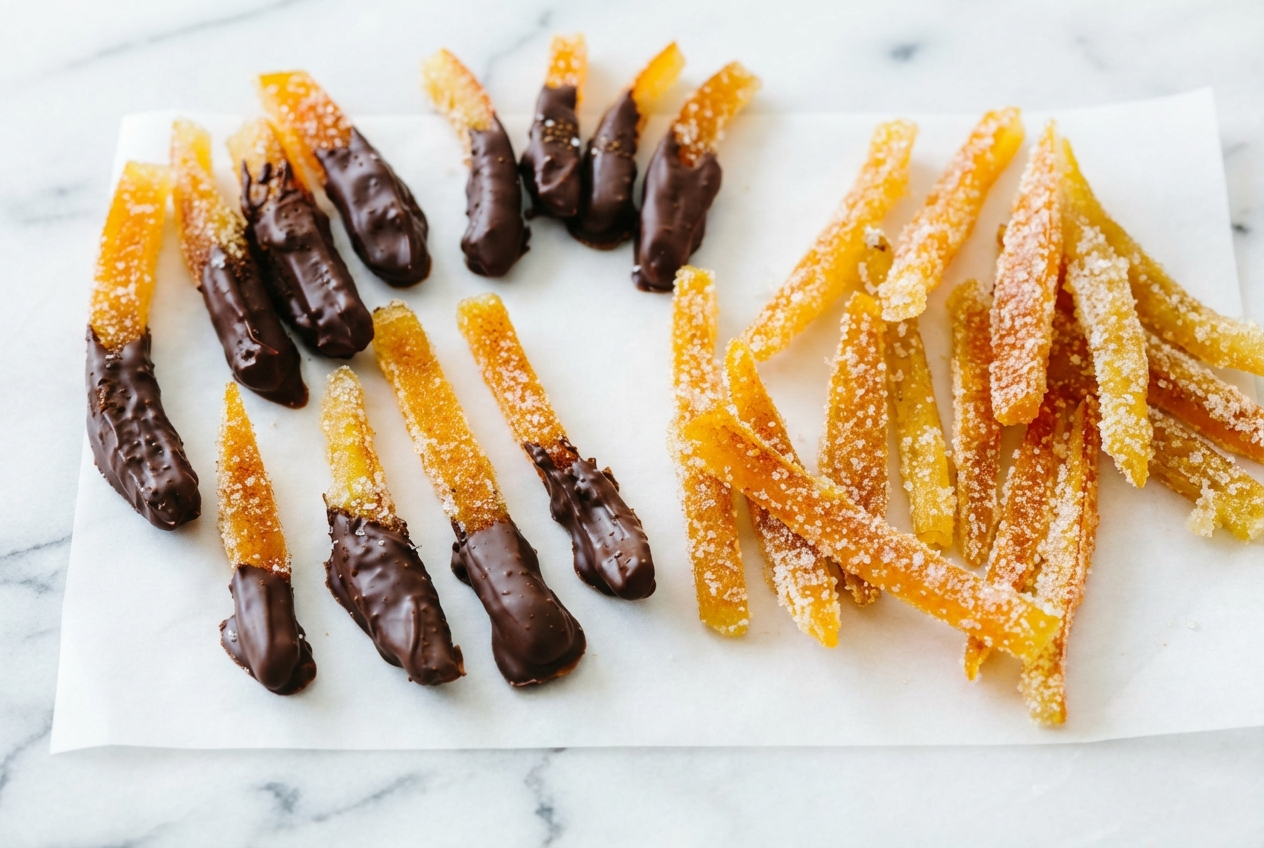 Candied Orange Peel Chocolate dipped in dark tempered chocolate with a smoked sea salt and espresso infusion on white marble.