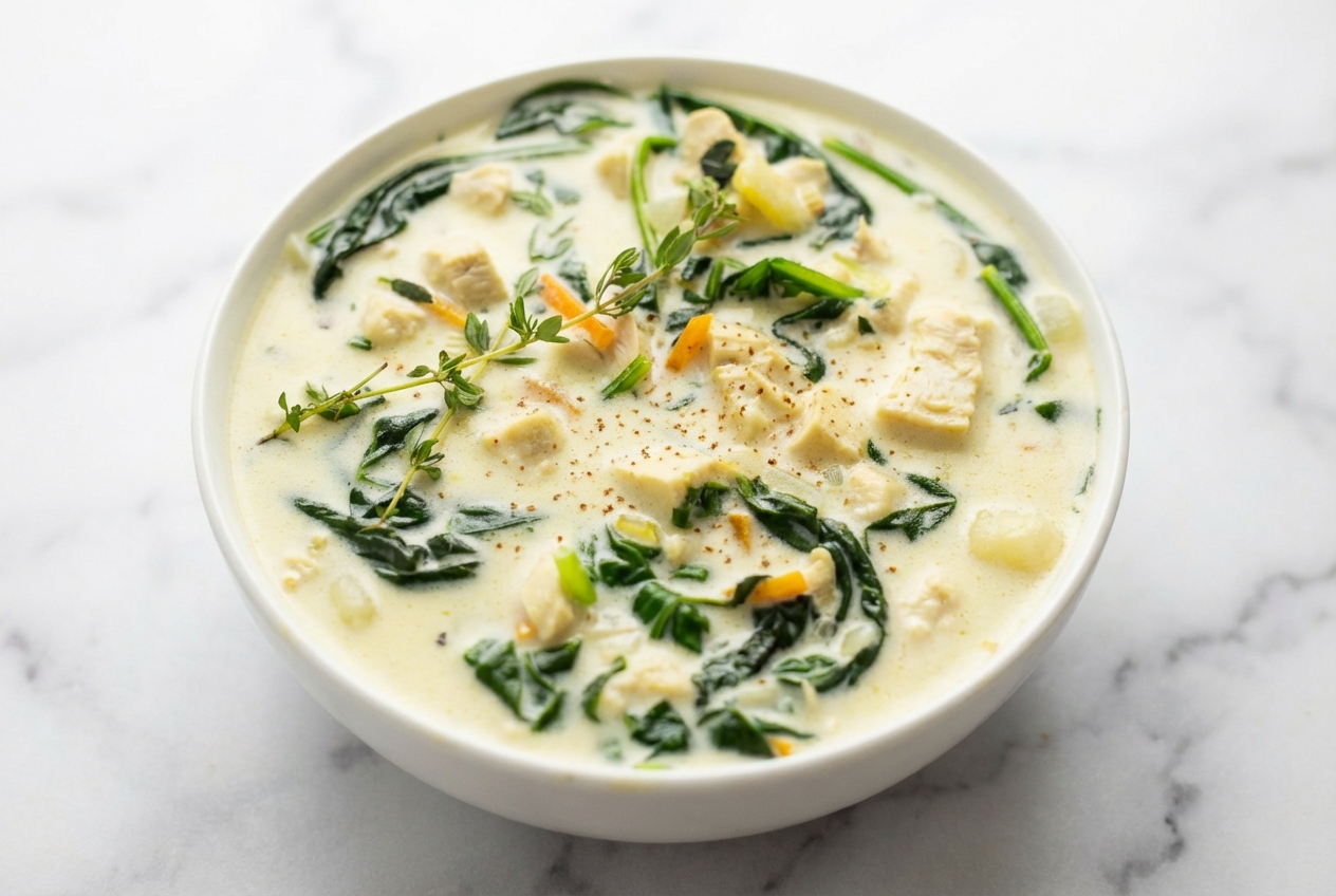 Creamy chicken gnocchi soup in a minimalist ceramic bowl on white marble, featuring a nutmeg-scented velvety broth.