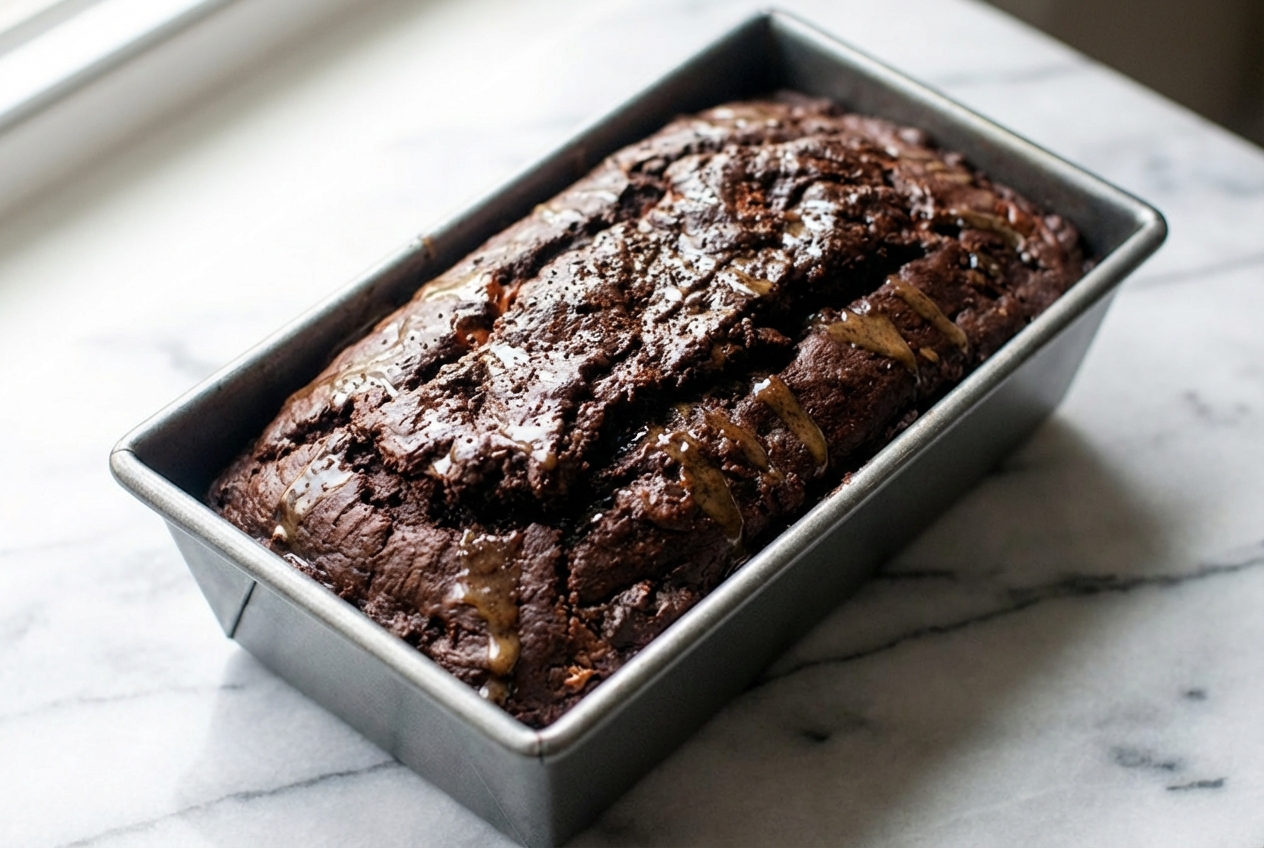 Chocolate Banana Bread with a brown butter espresso glaze on a white marble surface with natural window lighting.