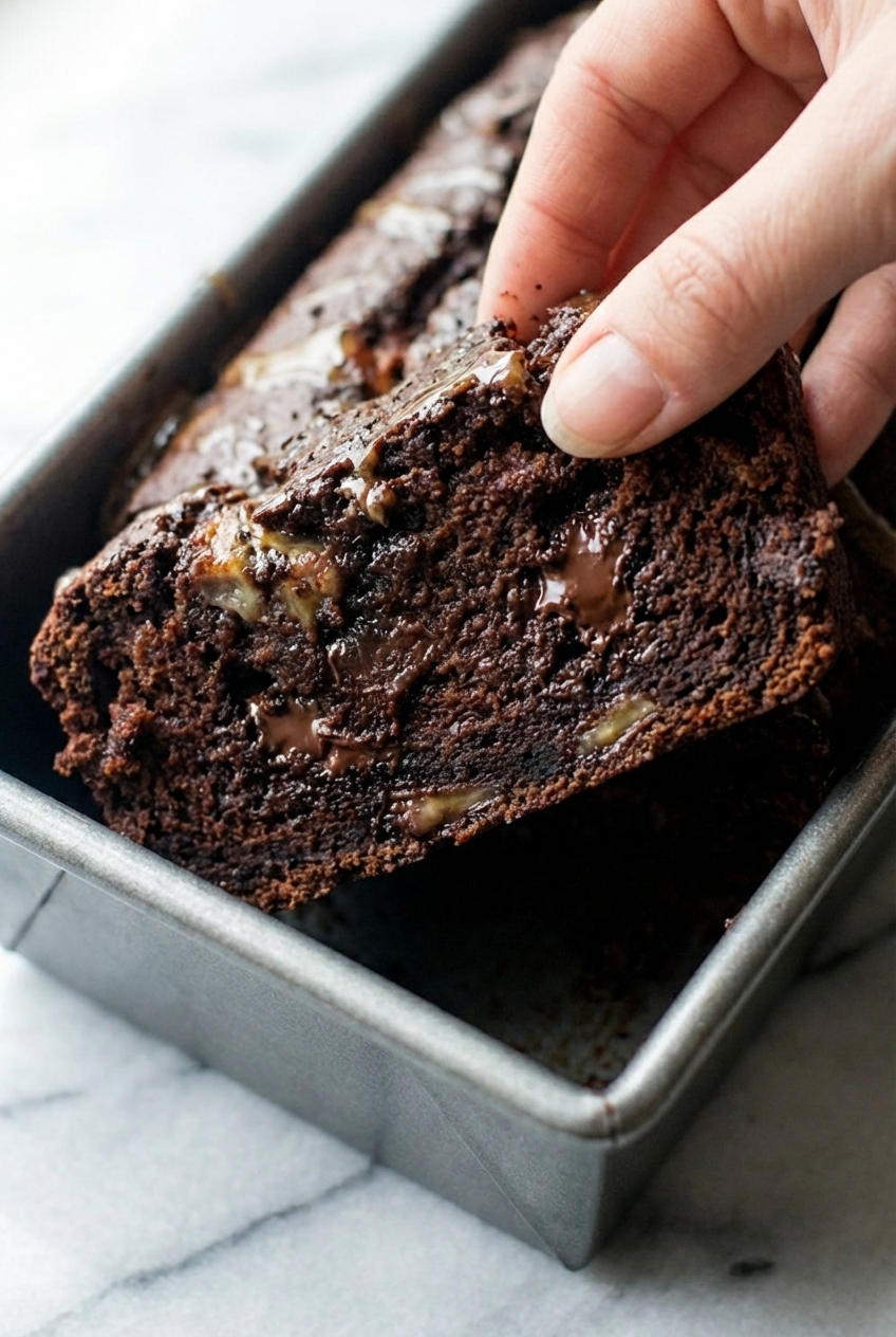 Close-up of Chocolate Banana Bread texture showing melted semi-sweet chocolate chips and a dark, moist crumb.