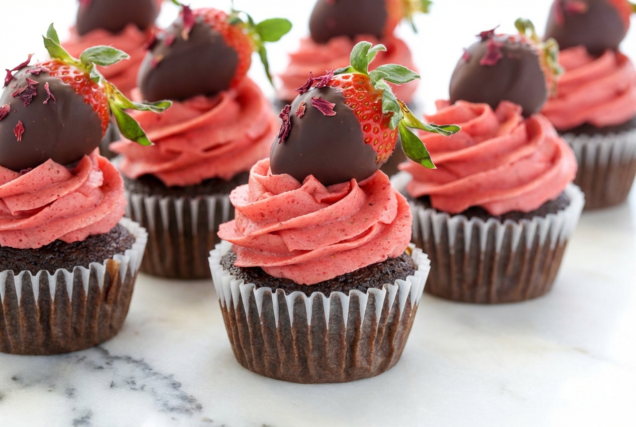 Chocolate-Covered Strawberry Cupcake on a white marble surface, showing the rich hibiscus-infused chocolate crumb and velvety frosting under natural window lighting.