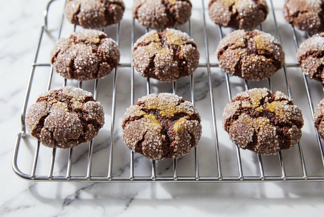 Chocolate Crinkle Cookies with a fudgy center and crackled sugar crust on a white marble surface using the brown butter method.