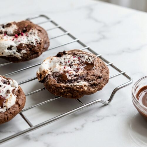 Chocolate Marshmallow Swirl Cookies with brown butter and freeze-dried crunch on a white marble surface in natural window light.
