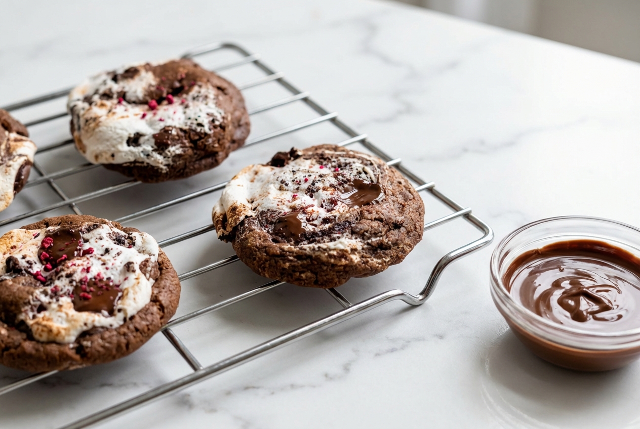 Chocolate Marshmallow Swirl Cookies with brown butter and freeze-dried crunch on a white marble surface in natural window light.