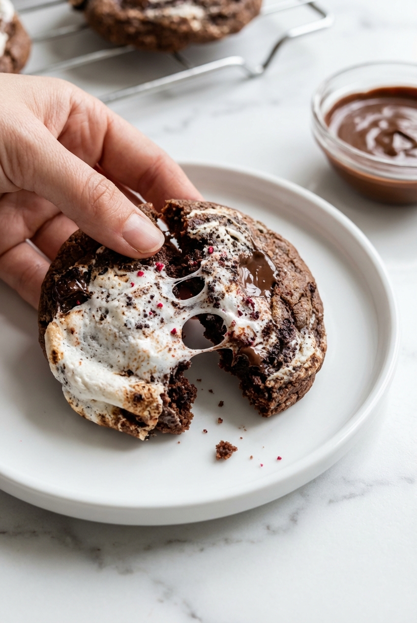 Close-up texture of Chocolate Marshmallow Swirl Cookies highlighting the marbleized marshmallow fluff and fudgy crumb on a minimalist ceramic plate.